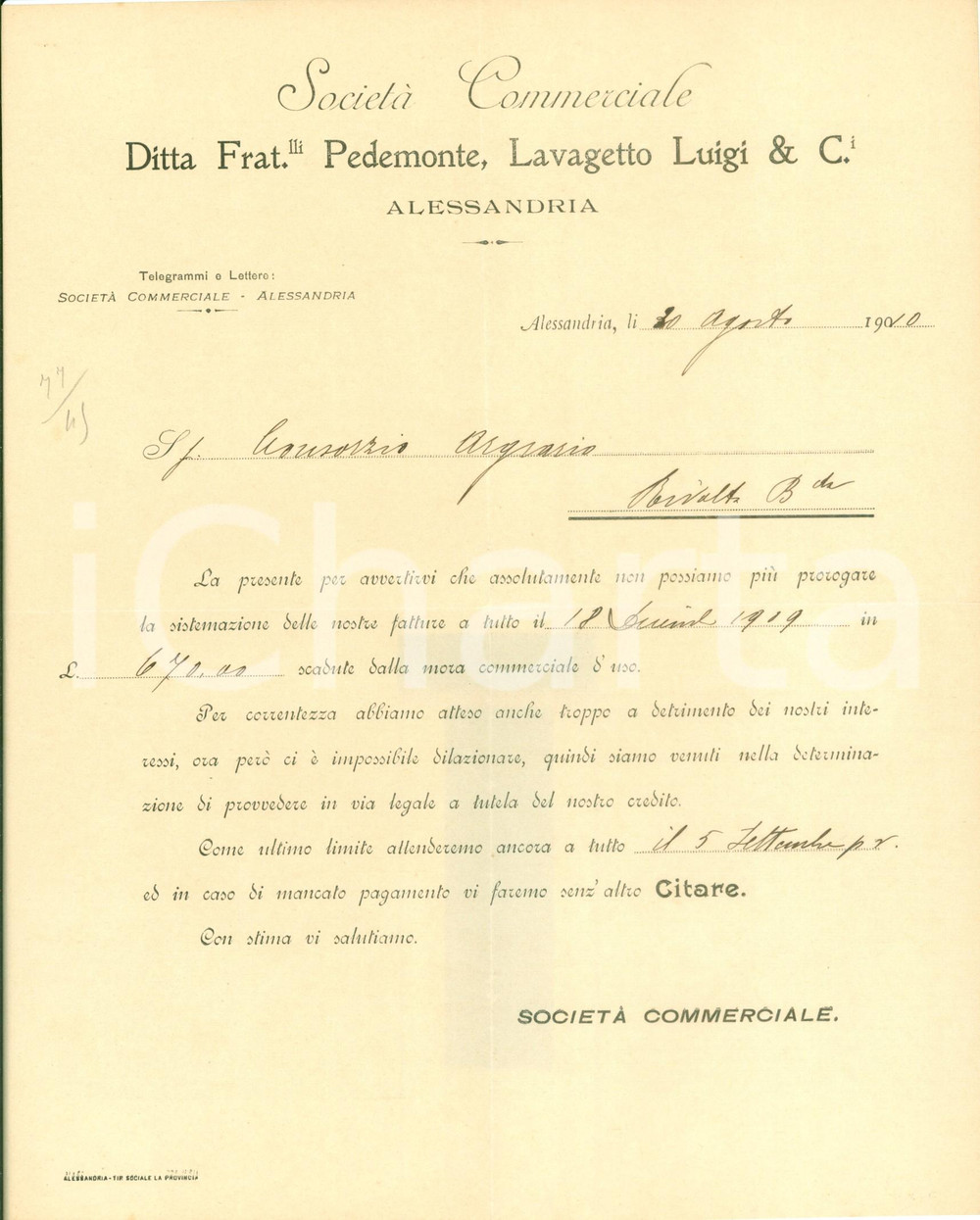 1910 ALESSANDRIA Società Commerciale Fratelli PEDEMONTE, LAVAGETTO Luigi Lettera