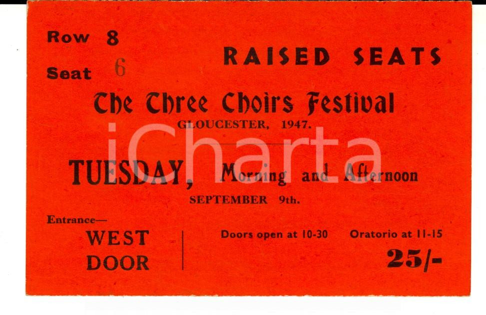 Oggetto da collezione cartaceo 1947 GLOUCESTER UK The THREE CHOIRS FESTIVAL Raised seats Ticket 1
