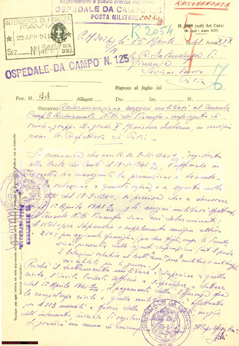 Documento originale, autentico 1941 WW2 P.M. Ospedale da Campo 125 Vincenzo Nitti 1