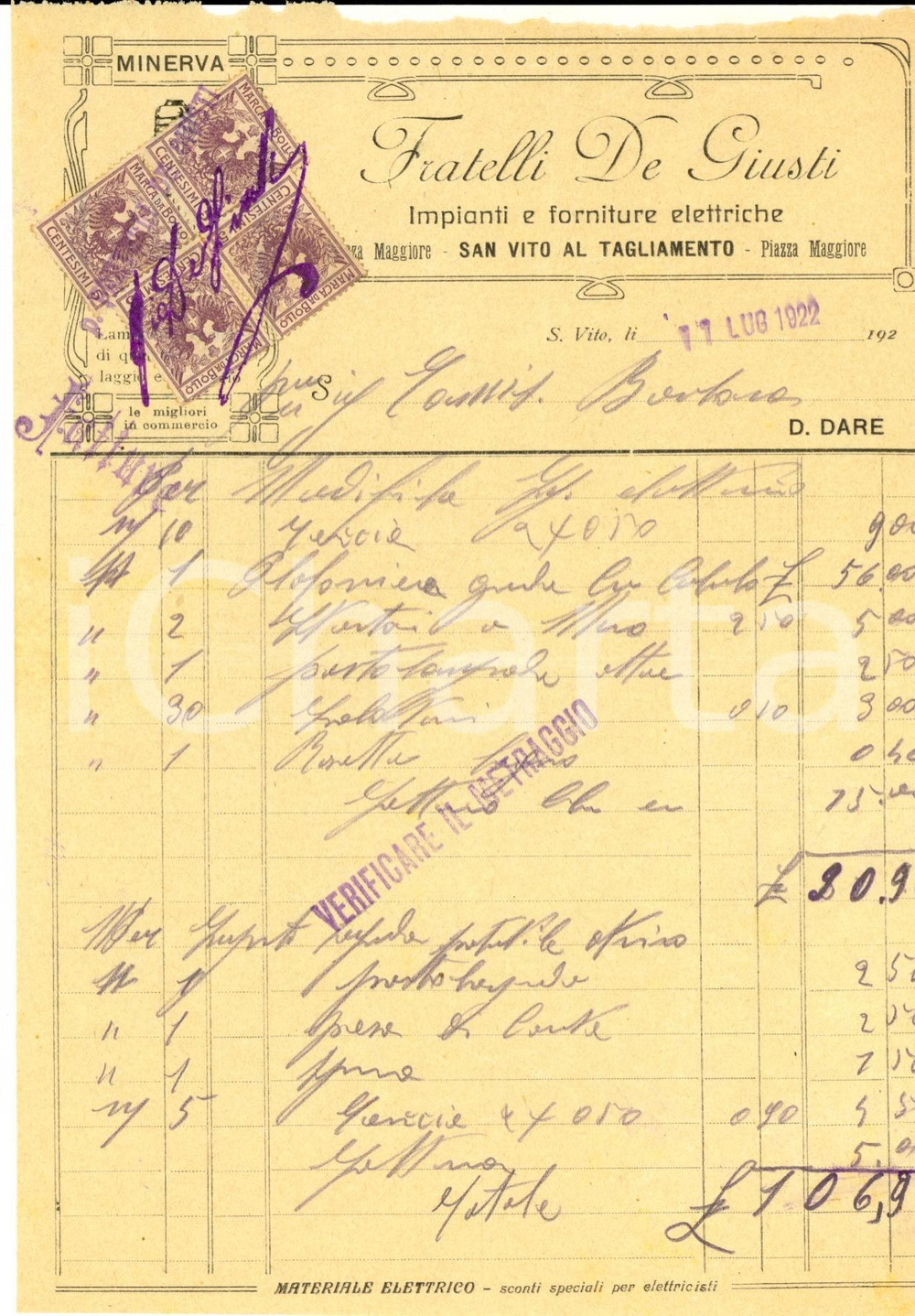 Documento originale, autentico 1922 SAN VITO AL TAGLIAMENTO Fratelli DE GIUSTI Forniture elettriche Fattura 1
