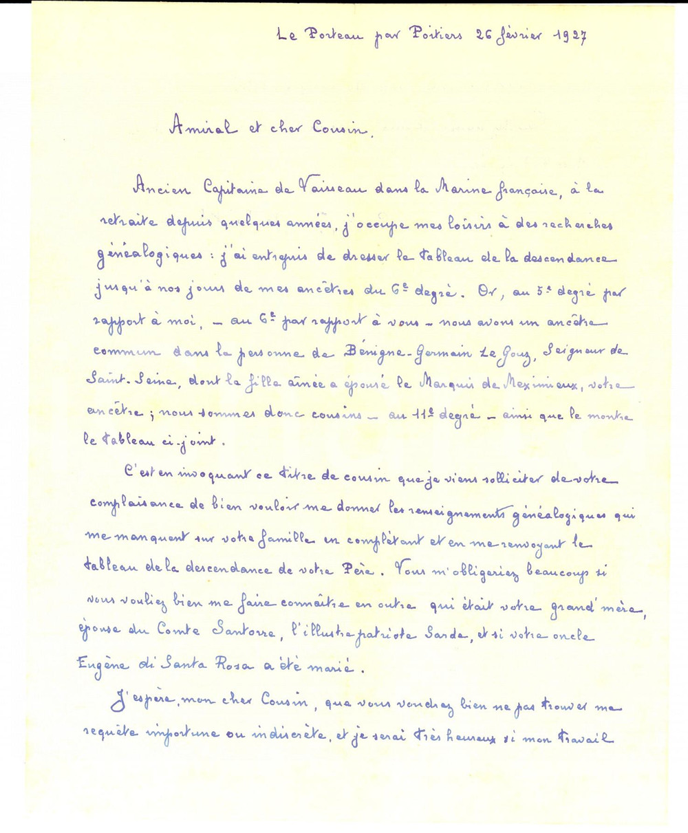 Autografo originale 1927 POITIERS F Capitain Jean de SAINTSEINE sur sa généalogie Autographe 1