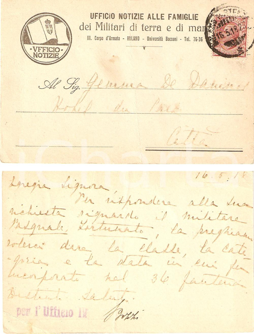 Documento originale, autentico 1918 MILANO WW1 Notizie Gemma DE DANINOS sergente Pasquale FORTUNATO Cartolina 1