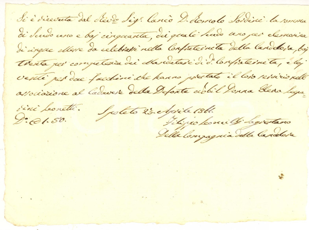 Documento originale, autentico 1861 SPOLETO Ricevuta don Romolo SORDINI per Messe Confraternita della CANDELORA 1