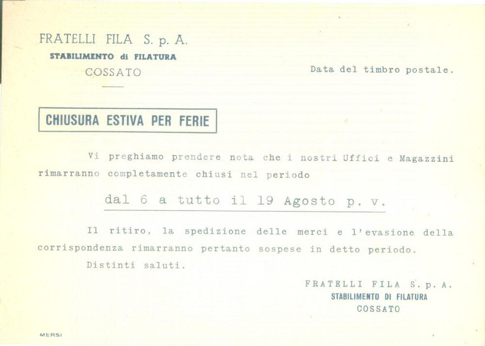 Cartolina originale da collezione 1960 ca COSSATO BI Fratelli FILA Stabilimento di filatura chiude per ferie 1