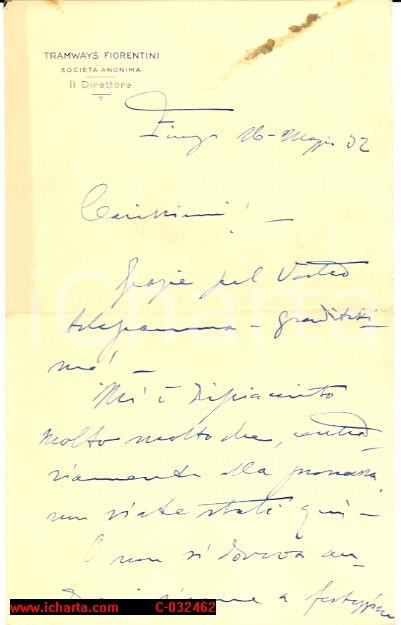 Manoscritto, lettera originale 1902 Firenze TRAMWAYS FIORENTINI S.A. Lettera del direttore 1