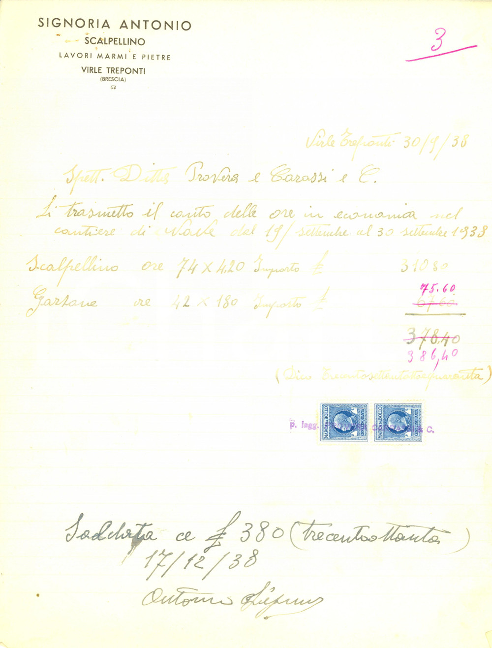 Documento originale, autentico 1938 VIRLE TREPONTI (BS) Antonio SIGNORIA Scalpellino *Fattura intestata 1