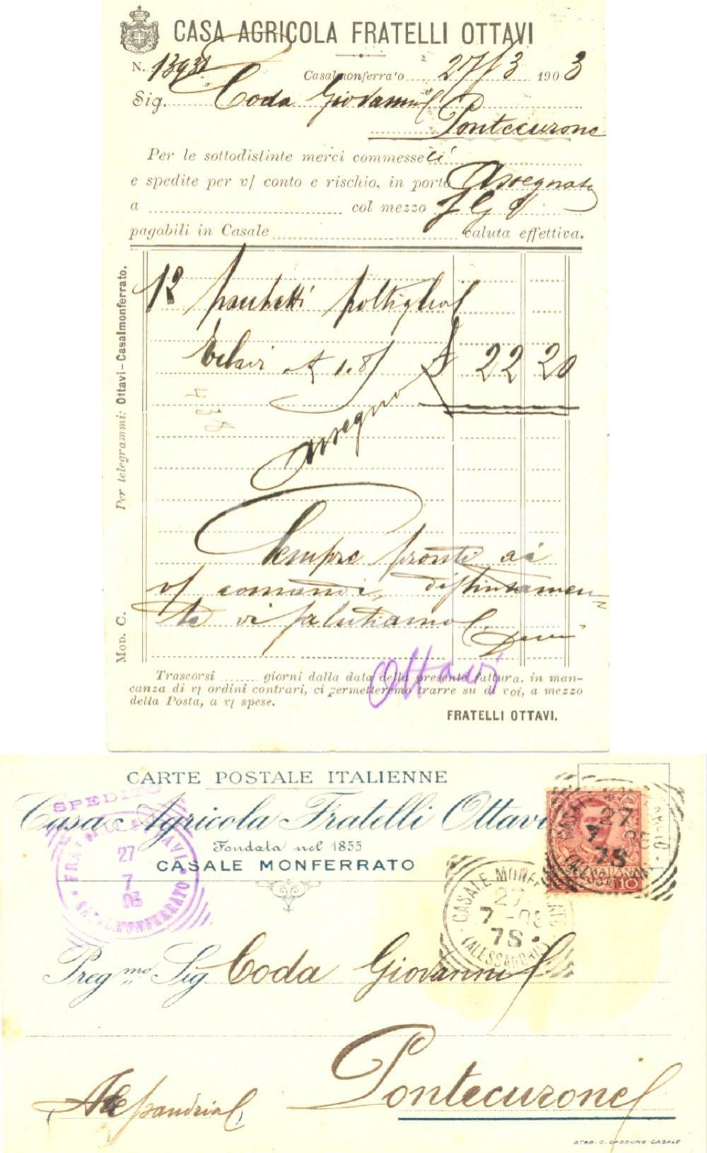Cartolina originale da collezione 1908 CASALE MONFERRATO (AL) Casa Agricola FRATELLI OTTAVI *Cartolina intestata 1
