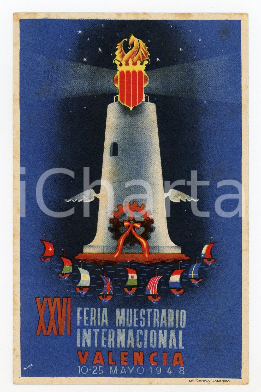 1948 VALENCIA XXVI Feria Muestrario Internacional - Faro - Tarjeta postal  Cartolina postale originale d'epoca, illustrata, non viaggiata.CONDIZIONI: FAIR (lievi fioriture)FORMATO: FG    originale e autentica 1