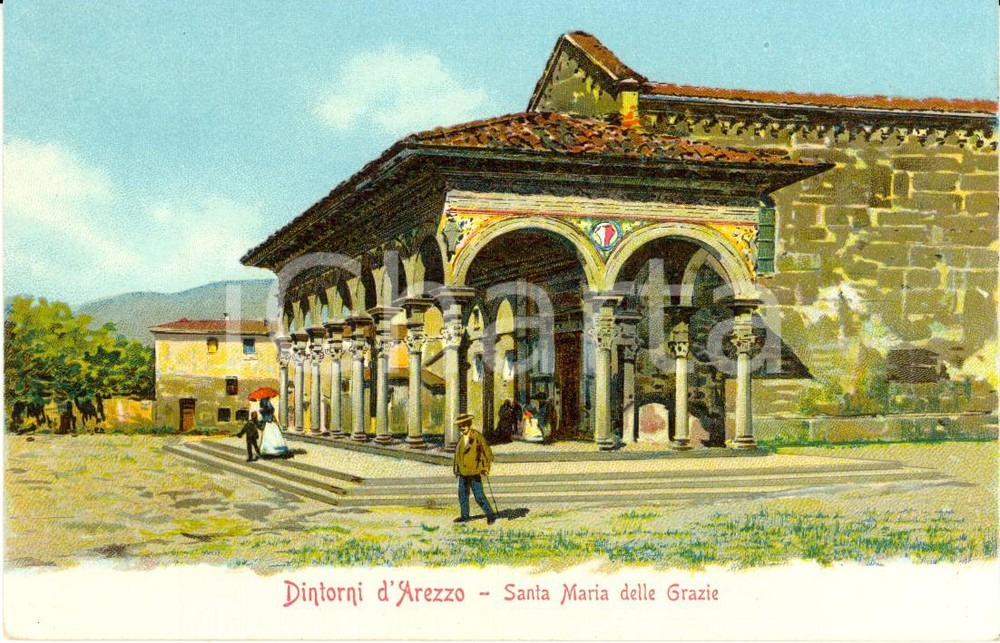Cartolina originale da collezione 1917 AREZZO Esterno della chiesa SANTA MARIA DELLE GRAZIE ANIMATA ILLUSTRATA FP 1