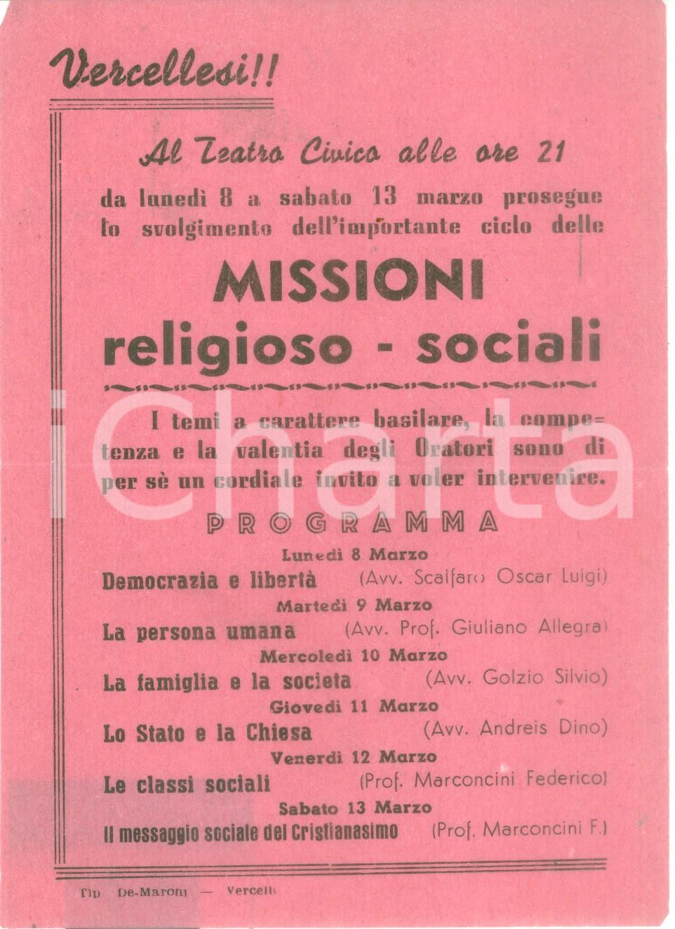 Materiale pubblicitario d’epoca 1955ca VERCELLI Missioni religiososociali Visita di Oscar Luigi SCALFARO 1