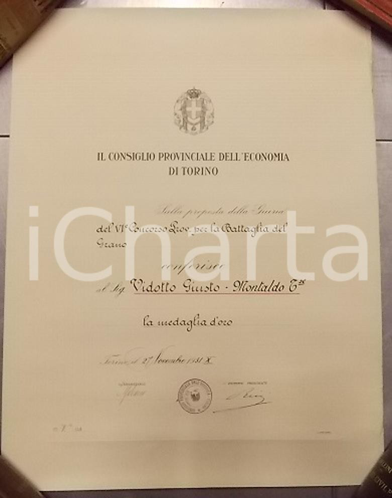 Documento originale, autentico 1931 MONTALDO TORINESE Medaglia d oro a Giusto VIDOTTO per Battaglia del Grano 1