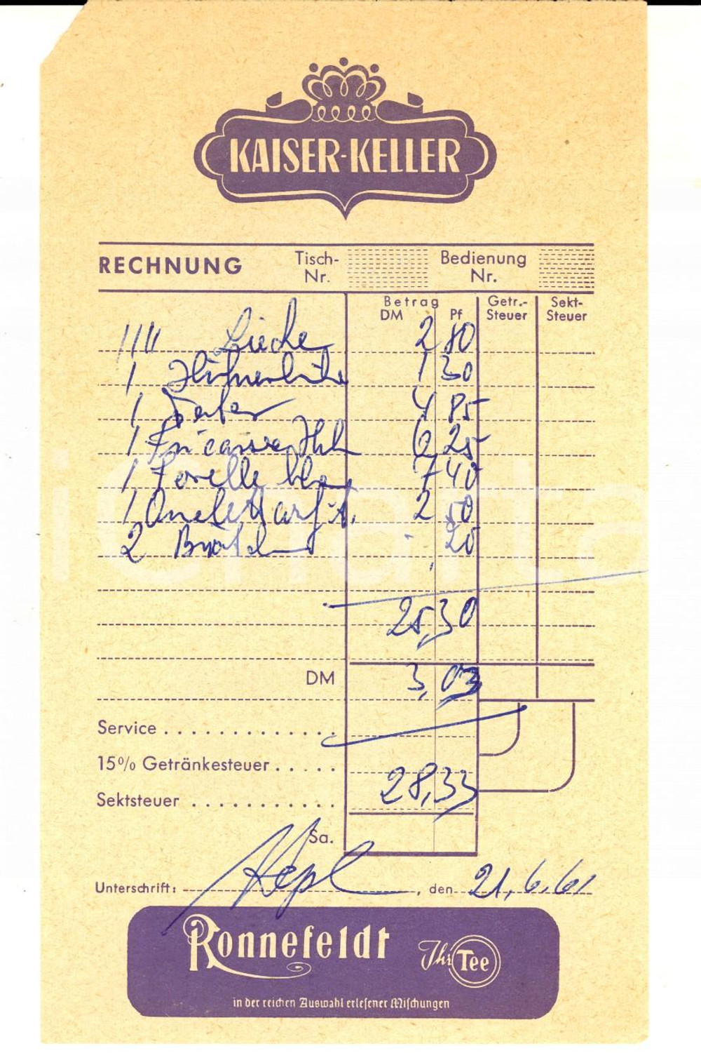 Materiale pubblicitario d’epoca 1961 FRANKFURT AM MAIN D Ricevuta hotel KAISERKELLER VINTAGE 1