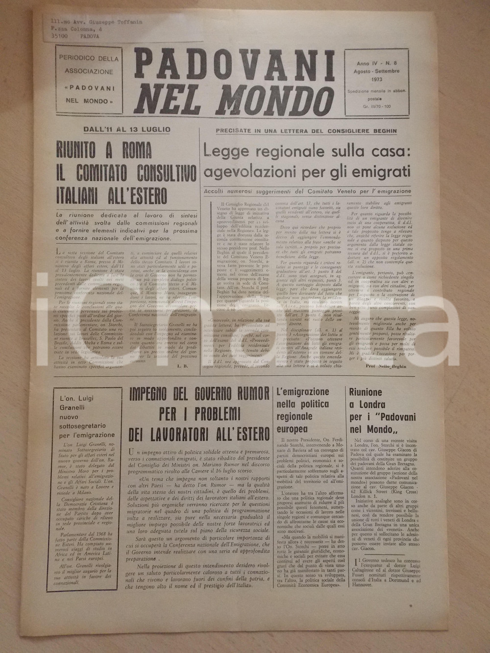 Giornale, rivista storica 1973 PADOVANI NEL MONDO Riunione del Comitato Italiani all Estero Periodico n.8 1