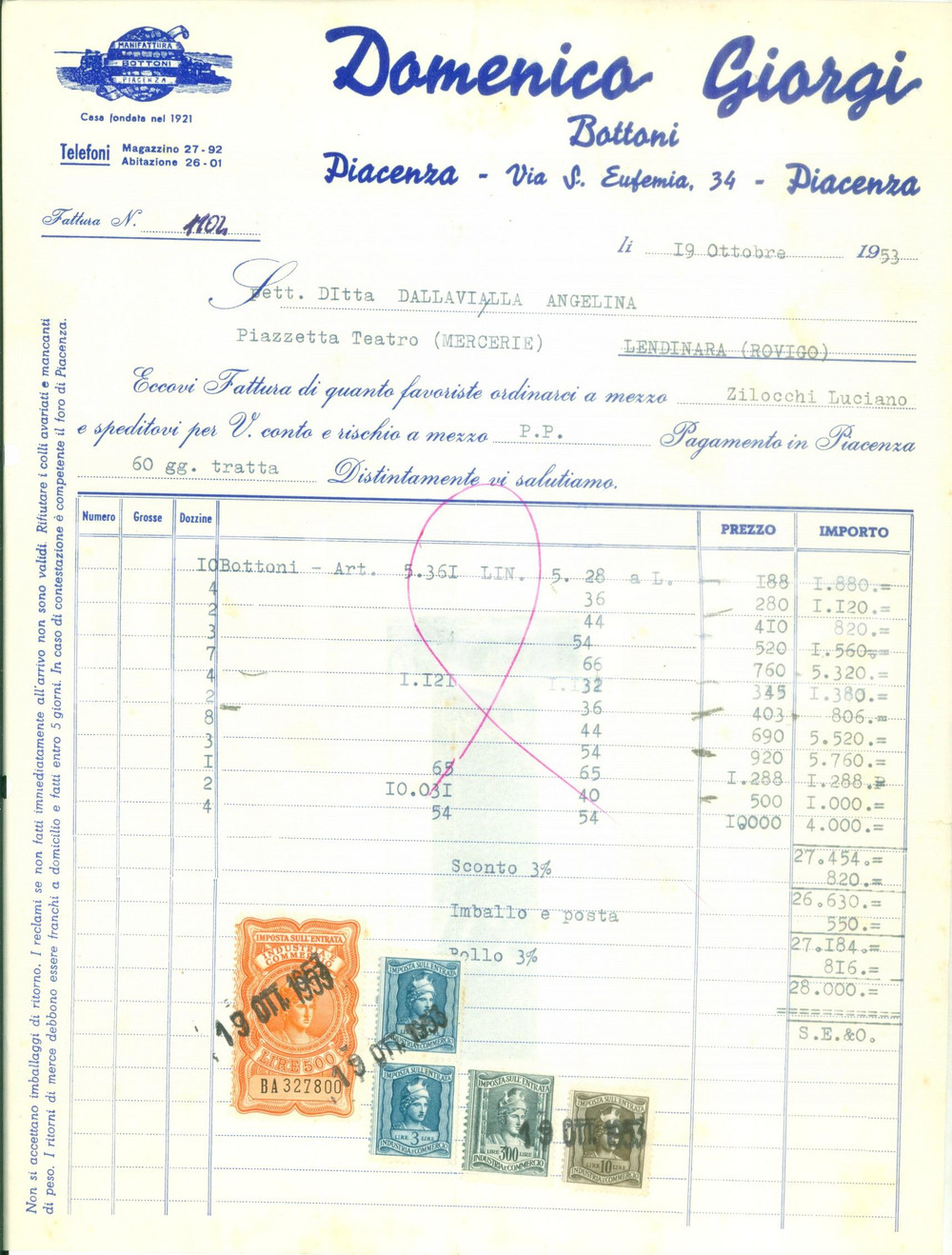 Documento originale, autentico 1953 PIACENZA Domenico GIORGI Manifattura bottoni Fattura DANNEGGIATA 1