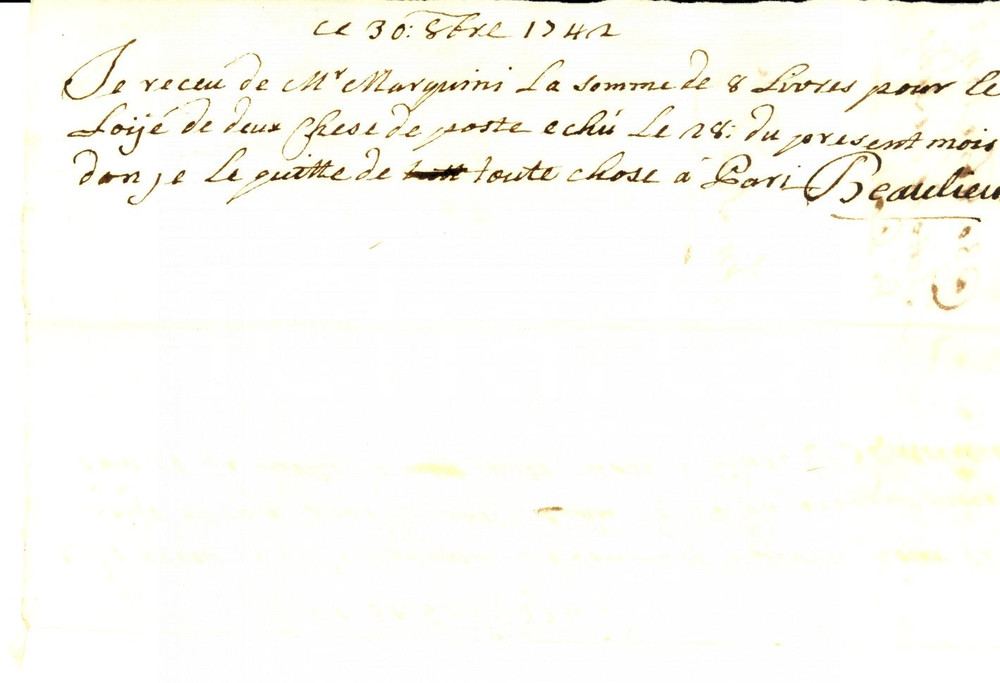 Documento originale, autentico 1742 PARIGI BEAULIEURE affitta una sedia di posta Ricevuta 1