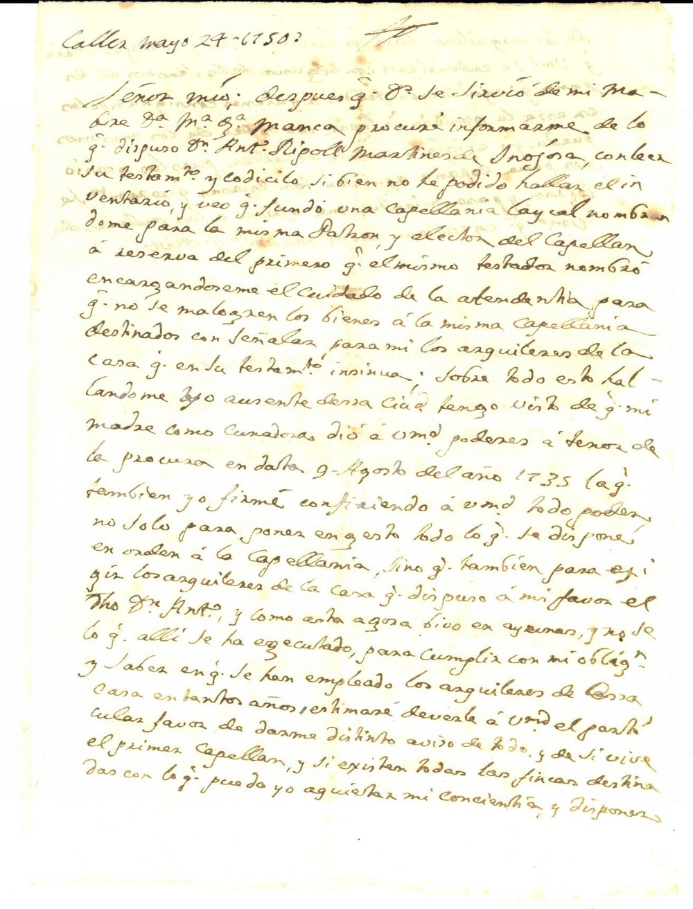 Documento originale, autentico 1750 CAGLIARI Pedro RIPOLL Y MANCA sulla storia della cappellania di famiglia 1