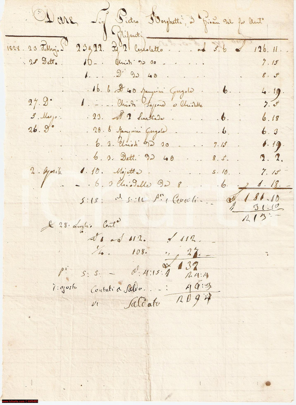 Documento originale, autentico 1828 BRESCIA Conto del carpentiere per Borghetti 1