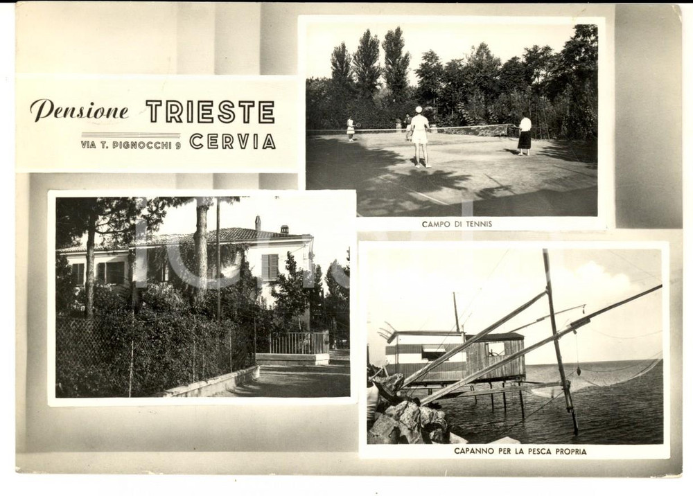 Cartolina originale da collezione 1954 CERVIA RA Pensione TRIESTE  Vedutine con campo di tennis Cartolina FG 1