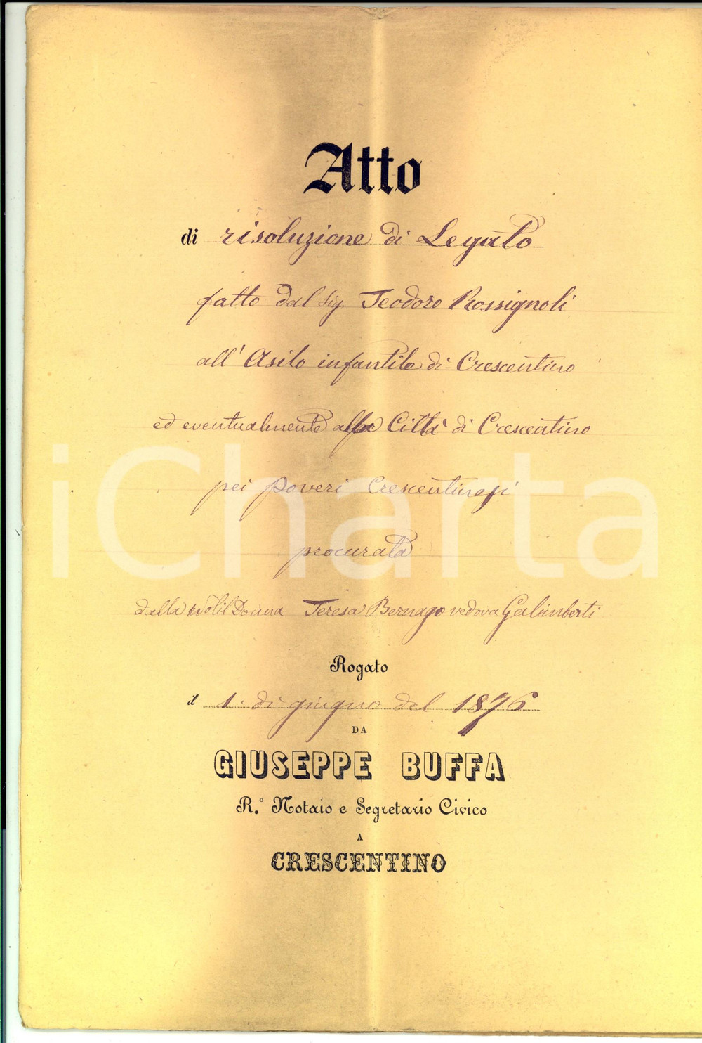 Documento originale, autentico 1876 CRESCENTINO Risoluzione legato ROSSIGNOLI all asilo infantile e ai poveri 1