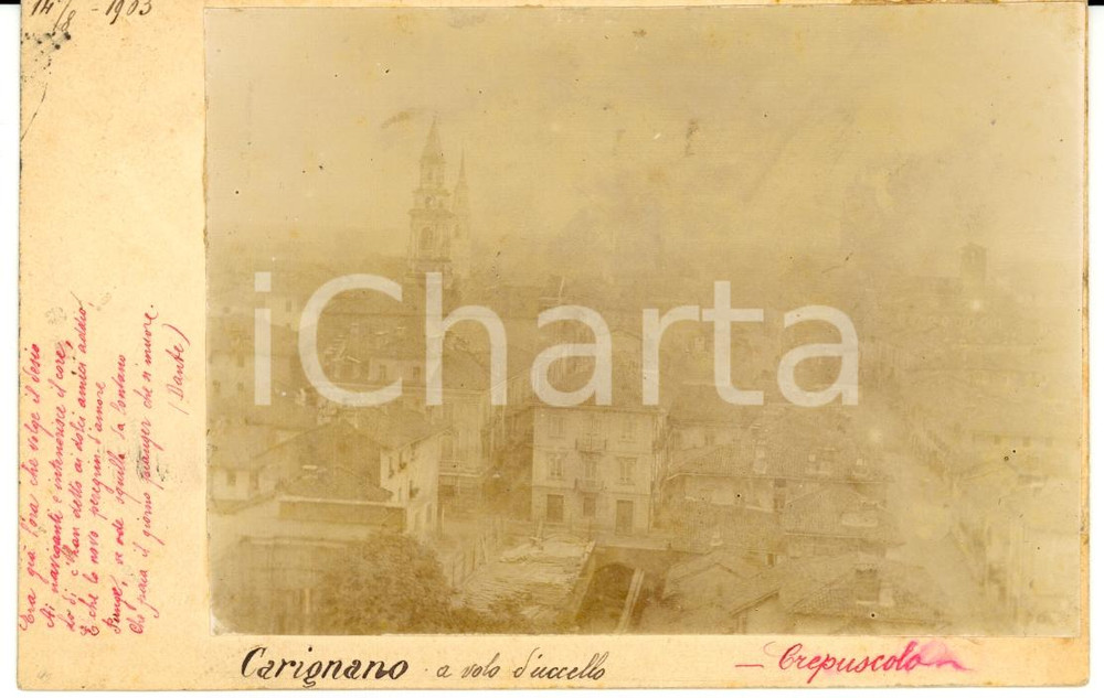 Cartolina originale da collezione 1903 CARIGNANO TO Veduta al crepuscolo Cartolina con VERA FOTOGRAFIA FP VG 1