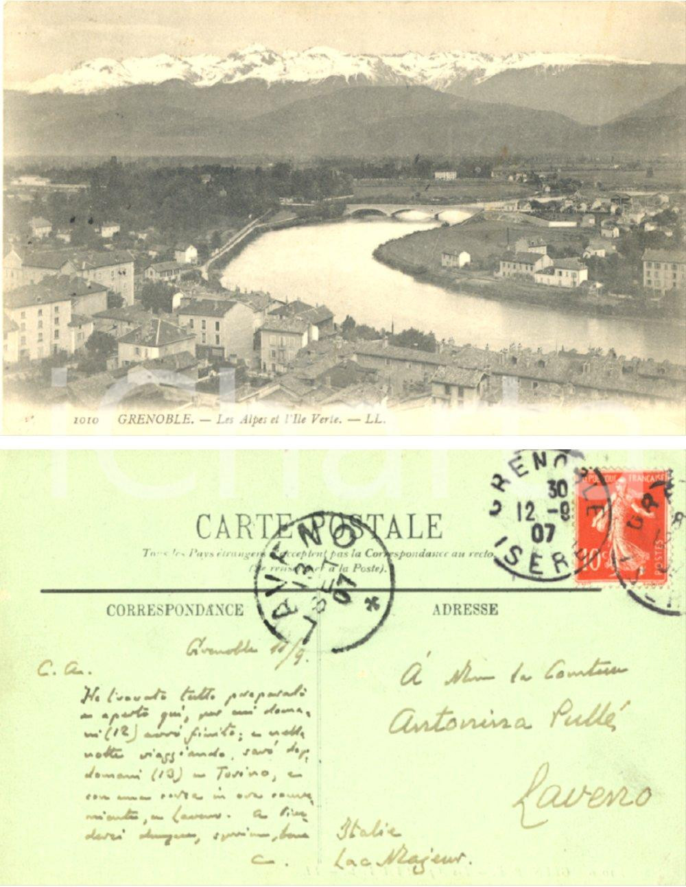 Autografo originale 1907 GRENOBLE F Alpes et Ile VerteCartolina ad Antonina CARCANO PULLE 1