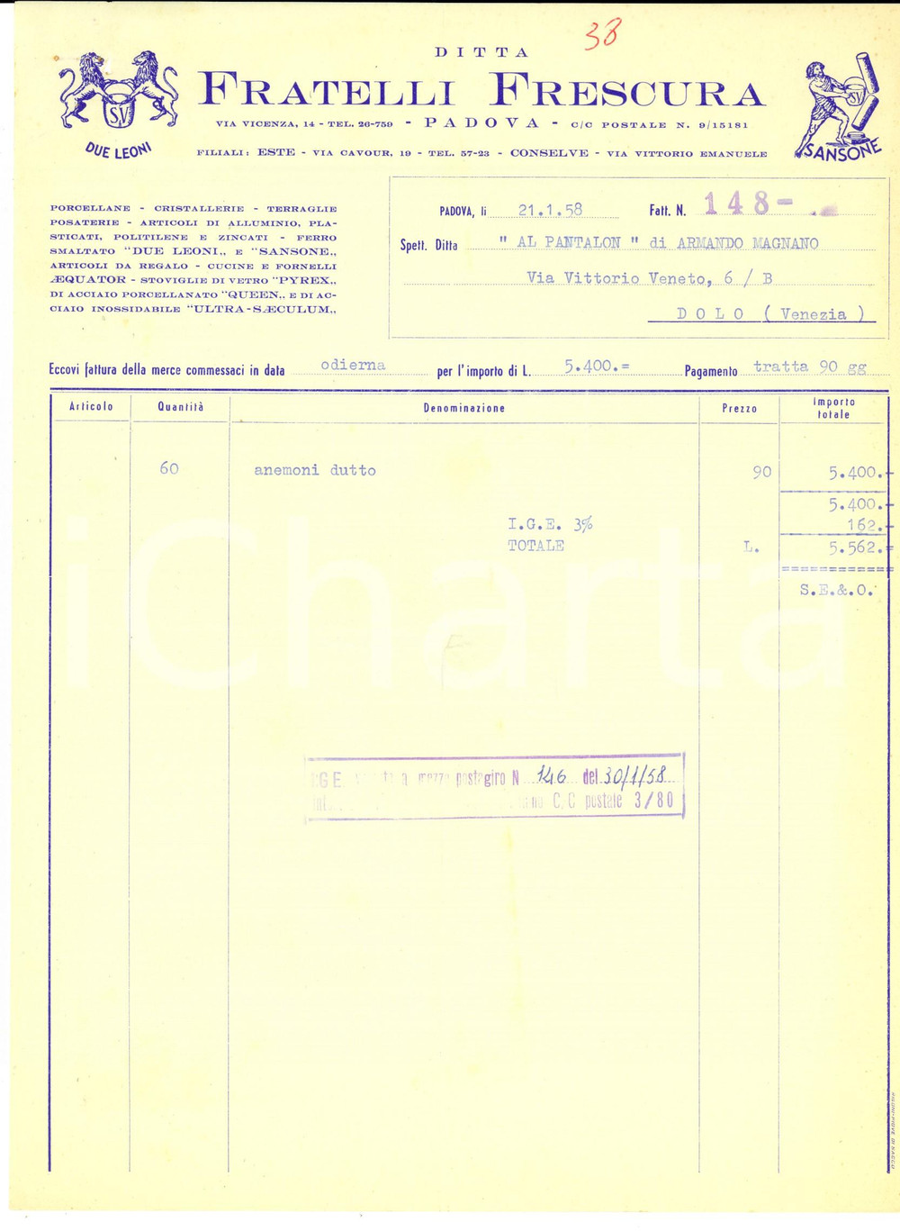 Documento originale, autentico 1958 DOLO VE Ditta fratelli FRESCURA Fattura intestata per anemoni 1