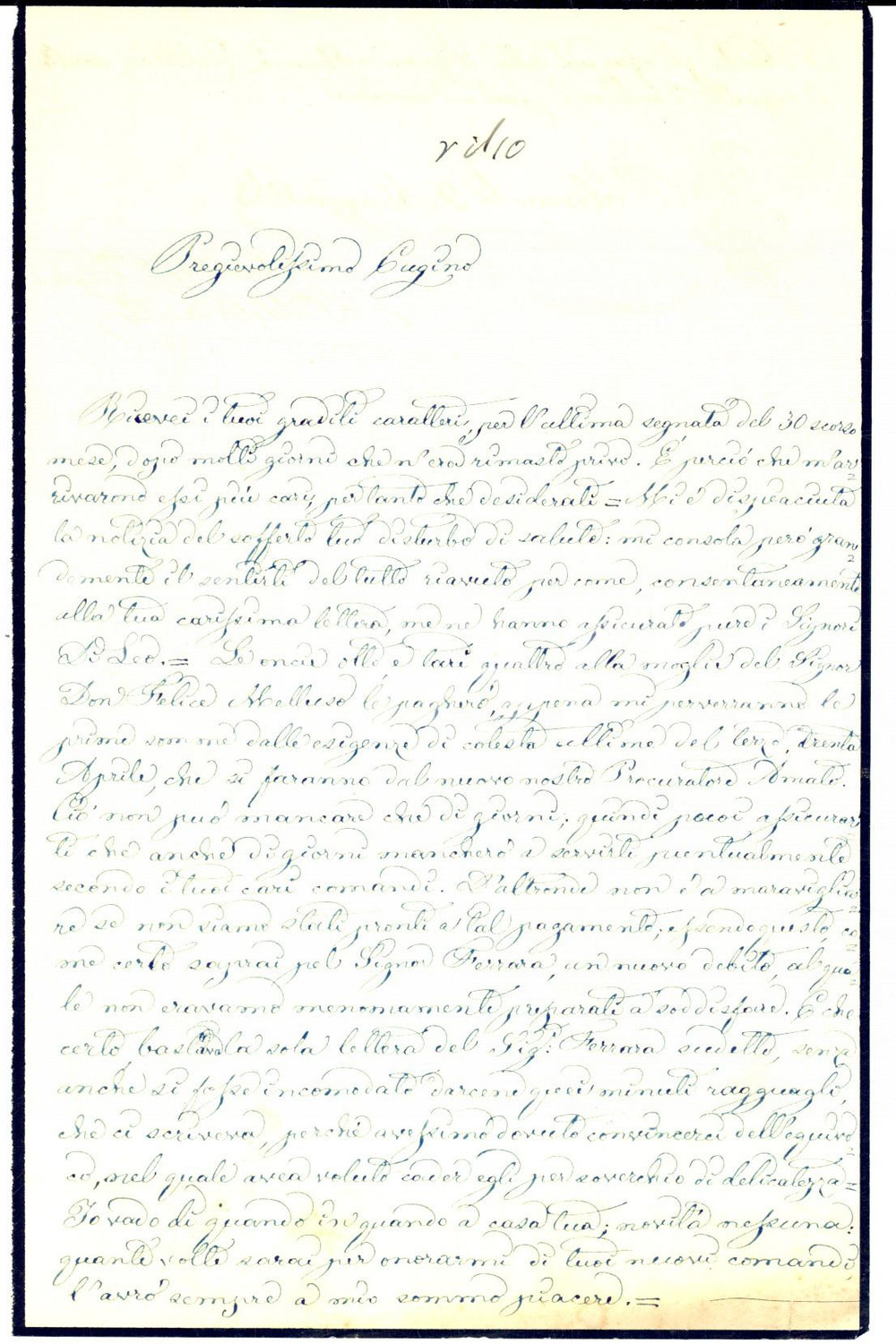 Manoscritto, lettera originale 1853 PALERMO Barone Antonio ODDO CARDILLO su debiti vs Felice MELLUSO *Lettera 1
