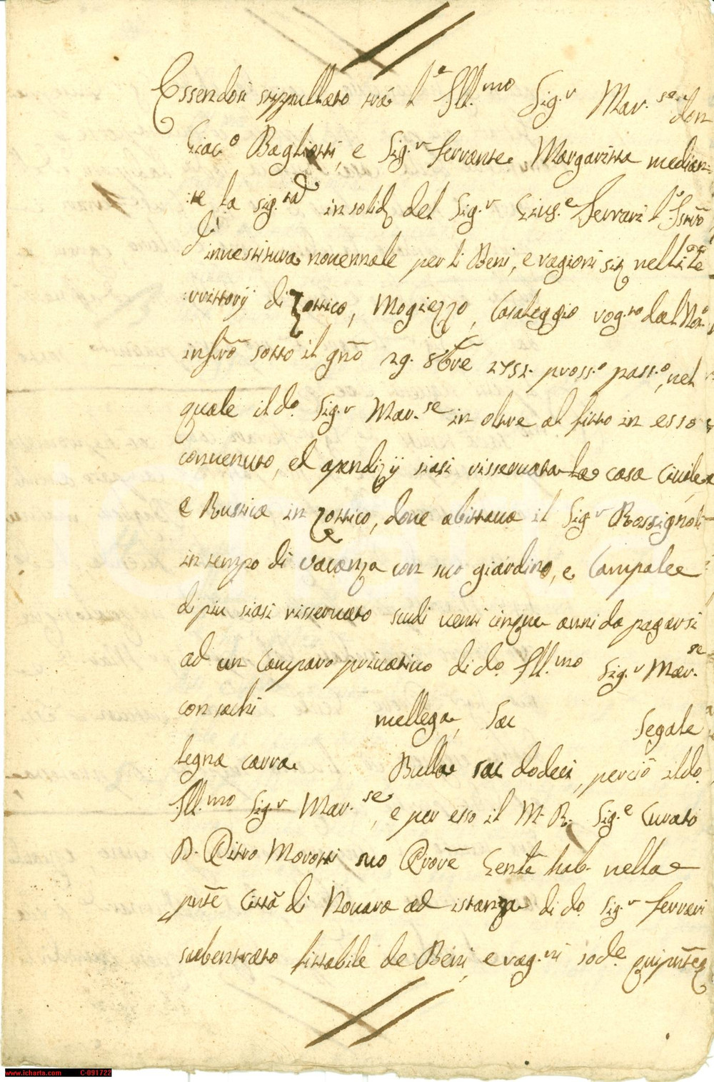Documento originale, autentico 1754 GATTICO NO Marchese BAGLIOTTI affitta casa FERRARI 1