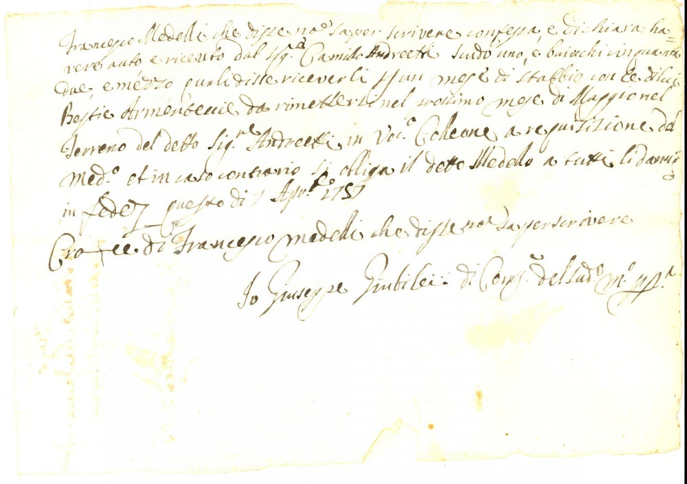 Documento originale, autentico 1757 POGGIO MIRTETO Ricevuta Francesco MEDELLI da Camillo ANDRETTI per stabbio 1