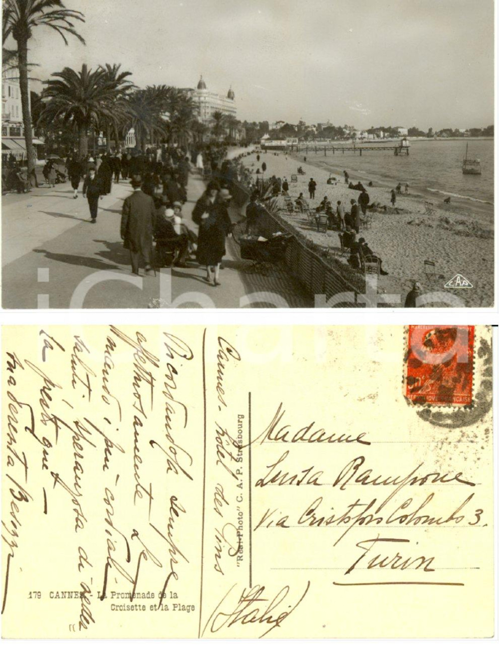 Autografo originale 1930 ca CANNES (F) Promenade de la CROISETTE *Cartolina a Luisa RAMPONE 1