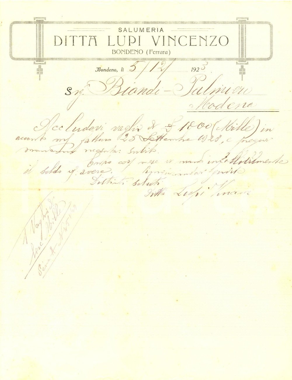Documento originale, autentico 1923 BONDENO FE Salumeria Ditta LUPI VINCENZO con firma autografa Fattura 1