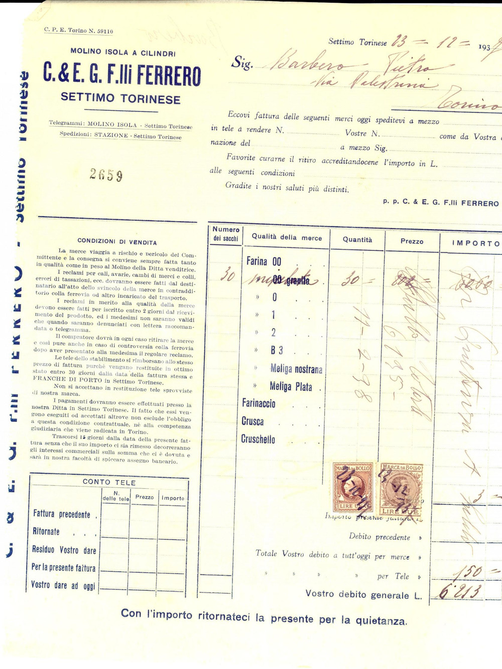 Documento originale, autentico 1937 SETTIMO TORINESE Ditta F.LLI FERRERO Molino a cilindri Fattura 1
