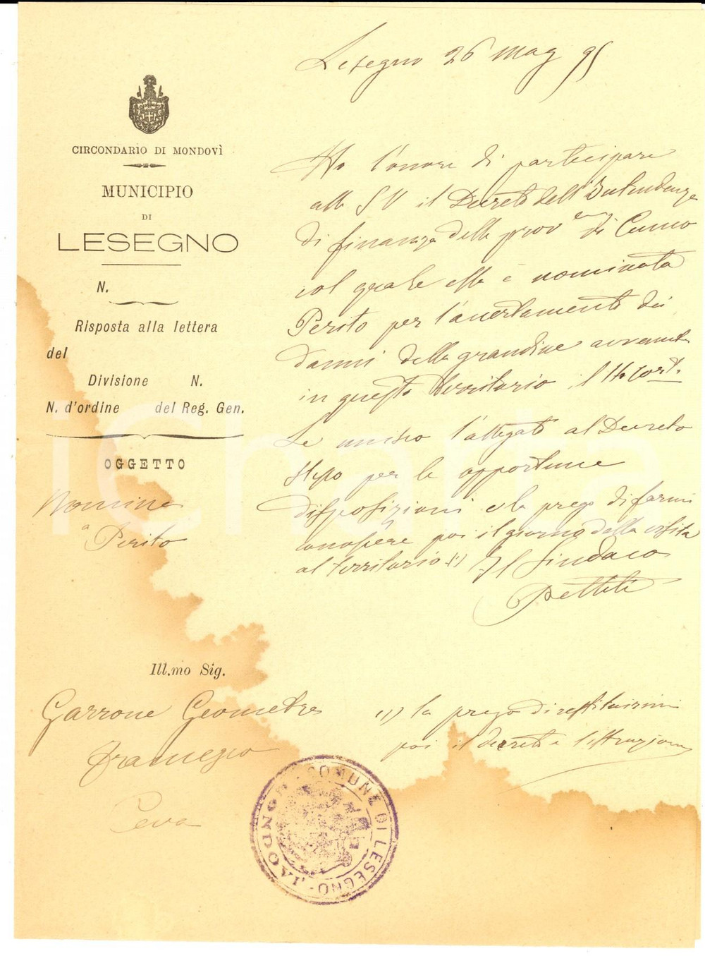 Documento originale, autentico 1895 LESEGNO CN Geometra Francesco GARRONE nominato perito per danni grandine 1