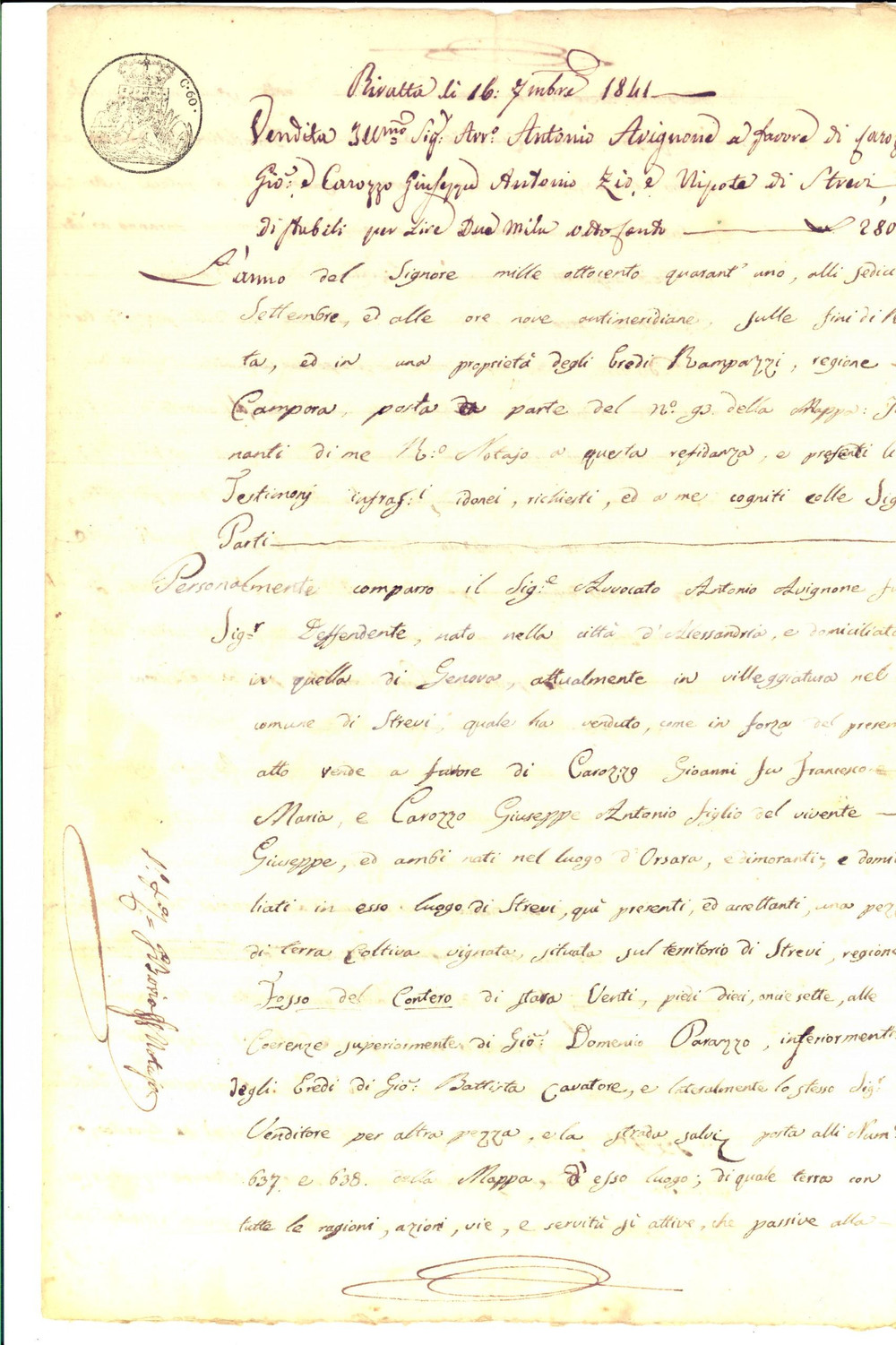 Documento originale, autentico 1841 STREVI AL Antonio AVIGNONE vende vigna al Fosso del CONTERO Manoscritto 1