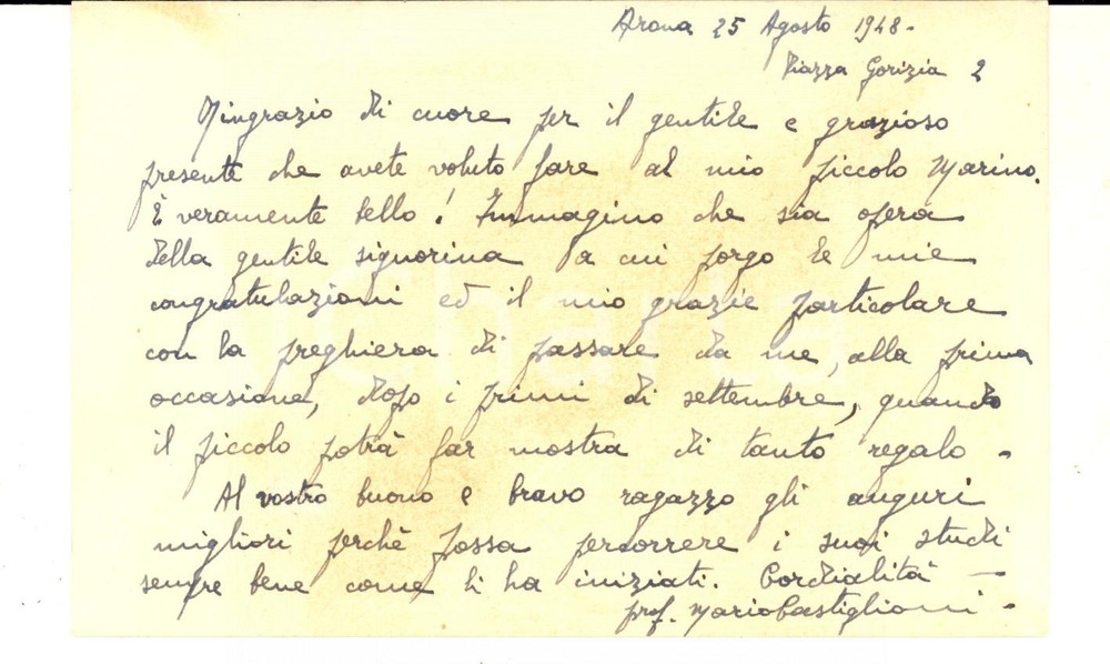 Manoscritto, lettera originale 1948 ARONA Biglietto di ringraziamento prof. Mario CASTIGLIONI per omaggio 1