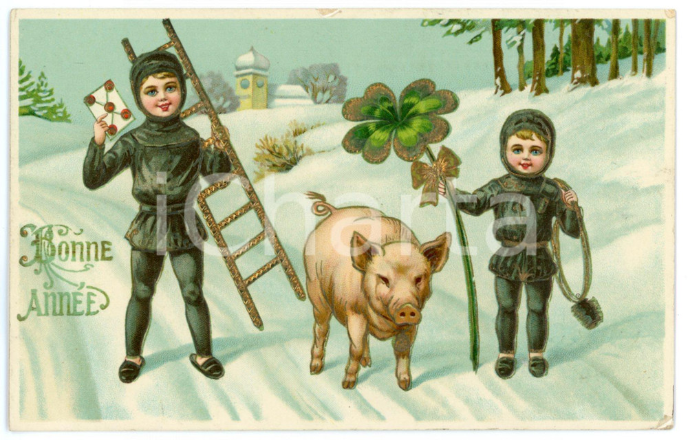 1914 BONNE ANNÃ‰E Chimney sweeps with lucky pig - Embossed golden postcard FP  Cartolina postale d'epoca, viaggiata.CONDIZIONI: FAIRFORMATO: FP    originale e autentica 1
