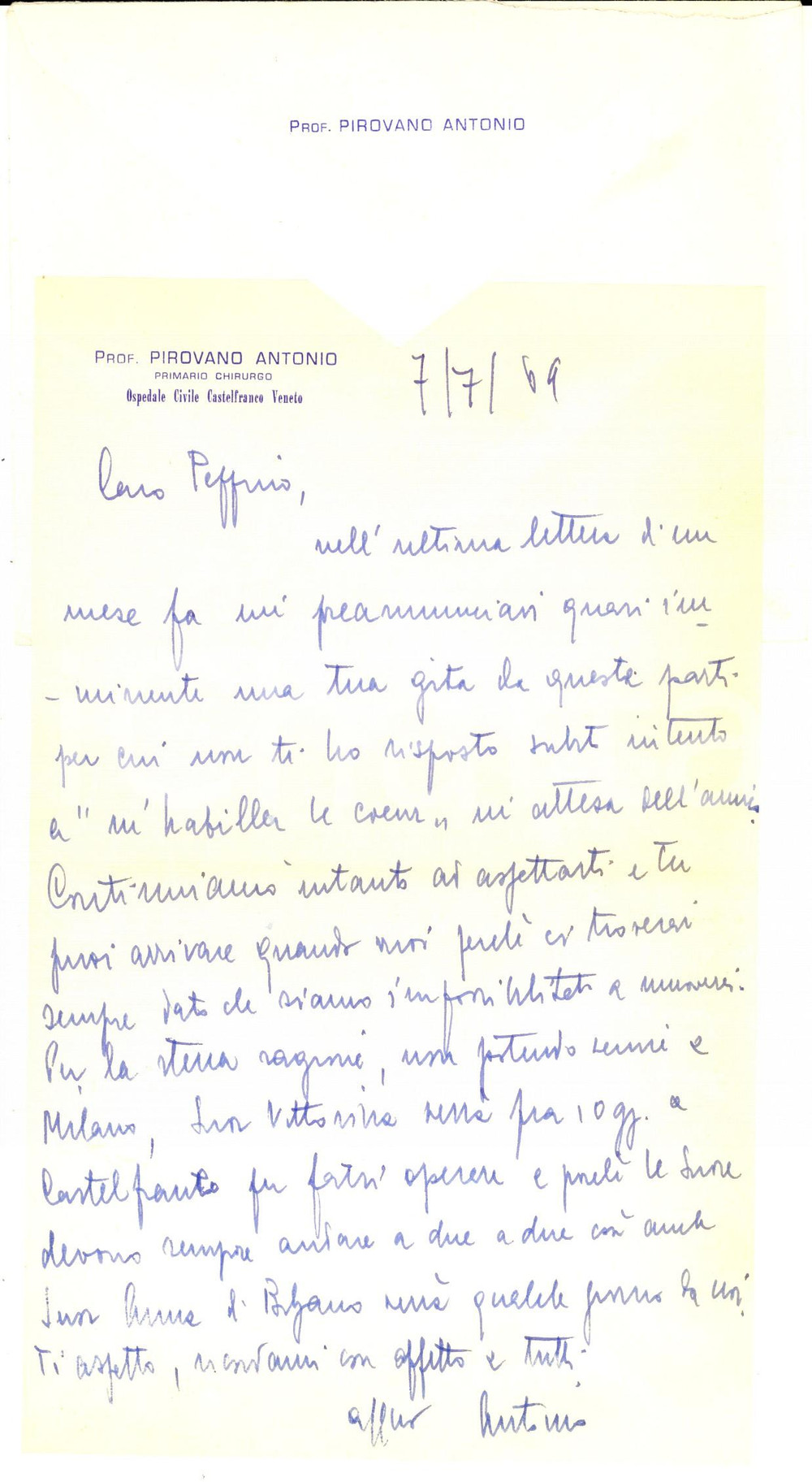Manoscritto, lettera originale 1964 CASTELFRANCO VENETO  Lettera prof. Antonio PIROVANO a Giuseppe GEROSA 1