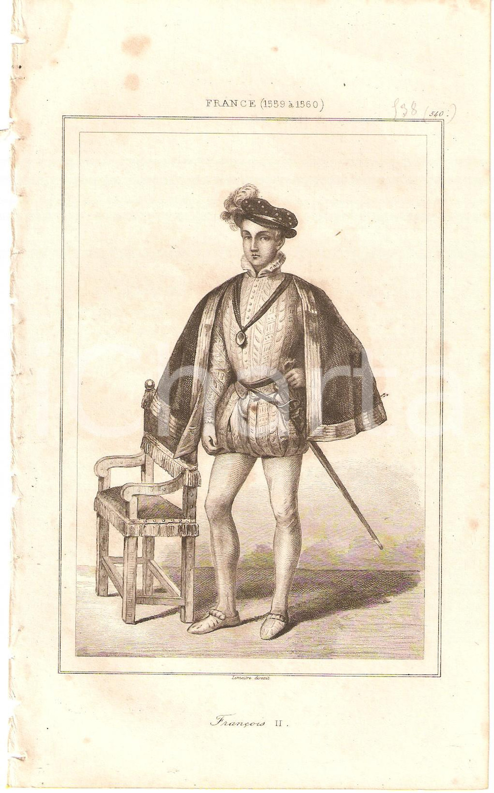 Stampa, bozzetto originale 1840 FRANCE Roi FranÃ§ois II Portrait  L Univers Stampa Inc. LEMAITRE 1
