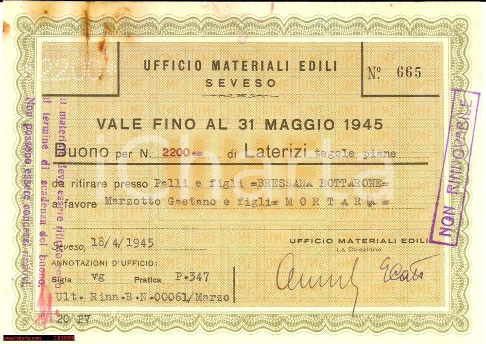 Documento originale, autentico 1945 SEVESO Ufficio Materiali Edili BUONO LATERIZI 1