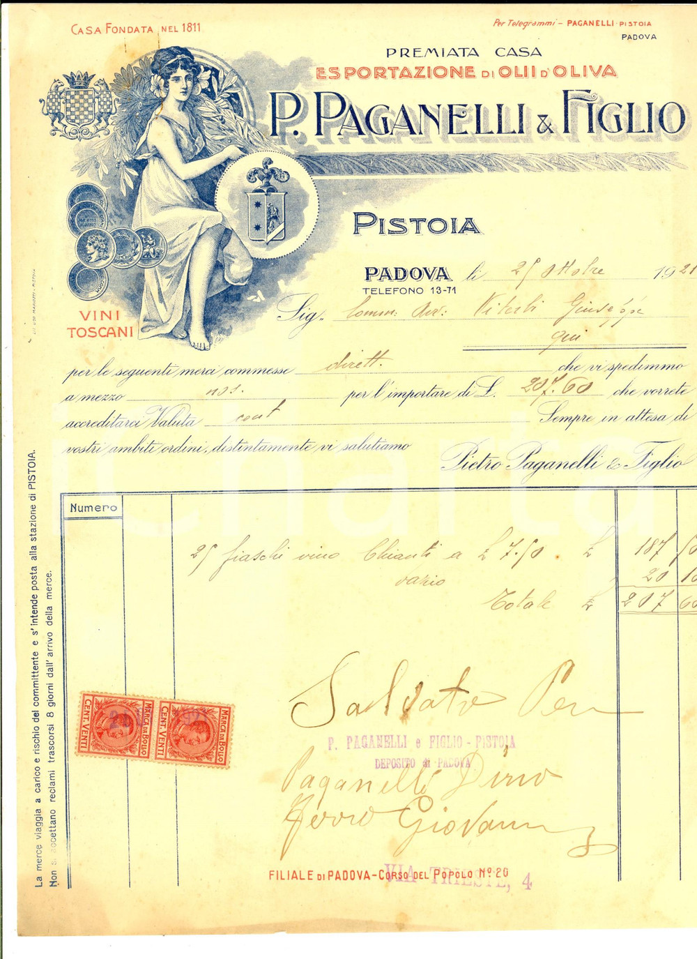 Manoscritto, lettera originale 1921 PADOVA Pietro PAGANELLI & Figlio olii d oliva  Fattura su carta intestata 1