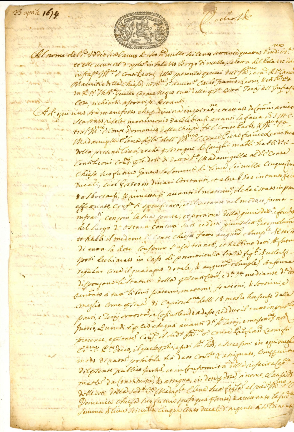 Documento originale, autentico 1674 SALUZZO (CN) Contratto matrimonio e dote contessa Elena LEONI *Manoscritto 1
