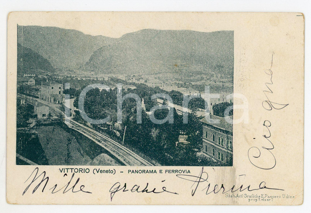 1900 ca VITTORIO VENETO (TV) Panorama e ferrovia - Cartolina FP VG  Cartolina postale d'epoca, viaggiata.CONDIZIONI: FAIR (gualciture e piccole macchie)FORMATO: FP    originale e autentica 1