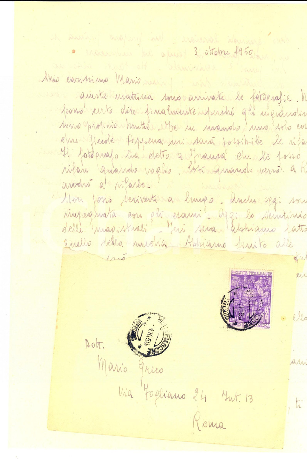 Cartolina originale da collezione 1950 ROMA STORIA POSTALE Lettera affrancata L. 20 ANNO SANTO a Mario GRECO 1