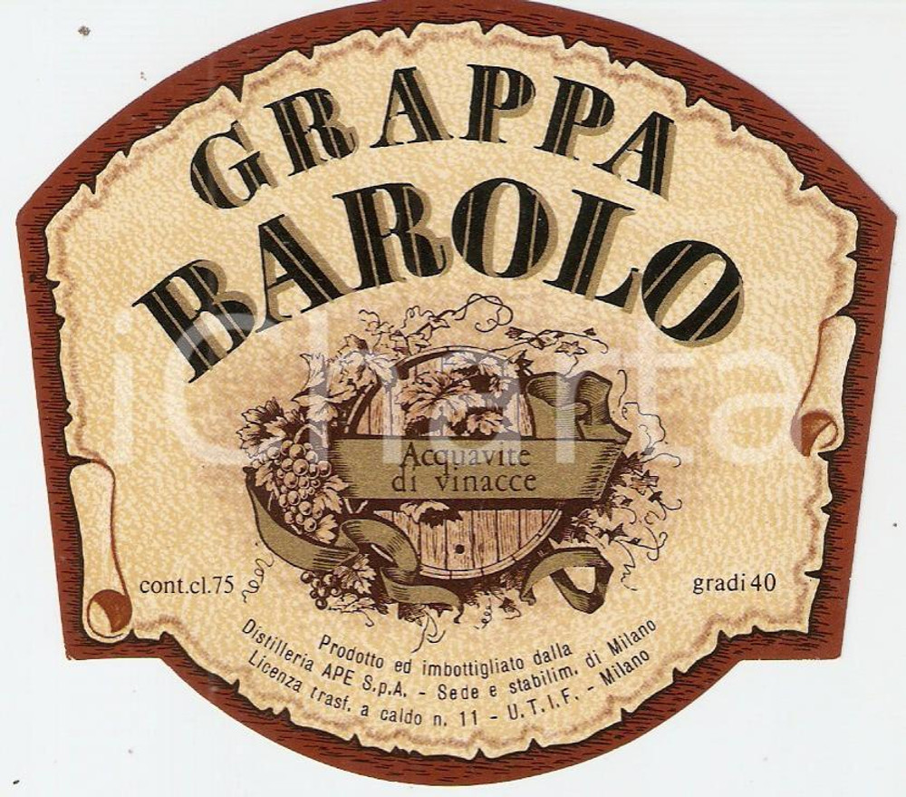 Materiale pubblicitario d’epoca 1970 ca MILANO Distilleria APE Acquavite di vinacce GRAPPA BAROLO *Etichetta 1