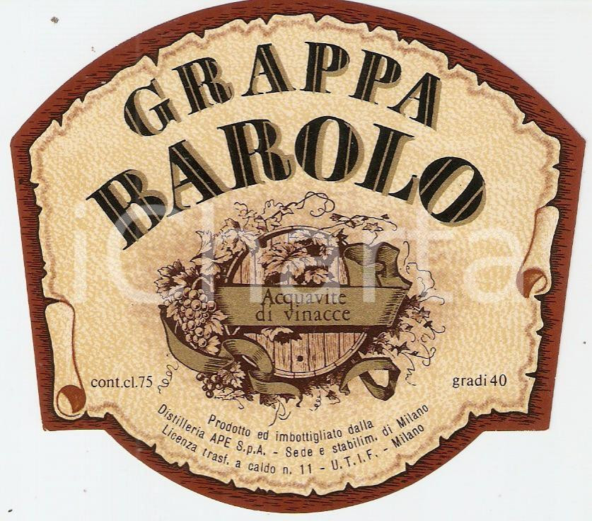 Materiale pubblicitario d’epoca 1970 ca MILANO Distilleria APE Acquavite di vinacce GRAPPA BAROLO Etichetta 1