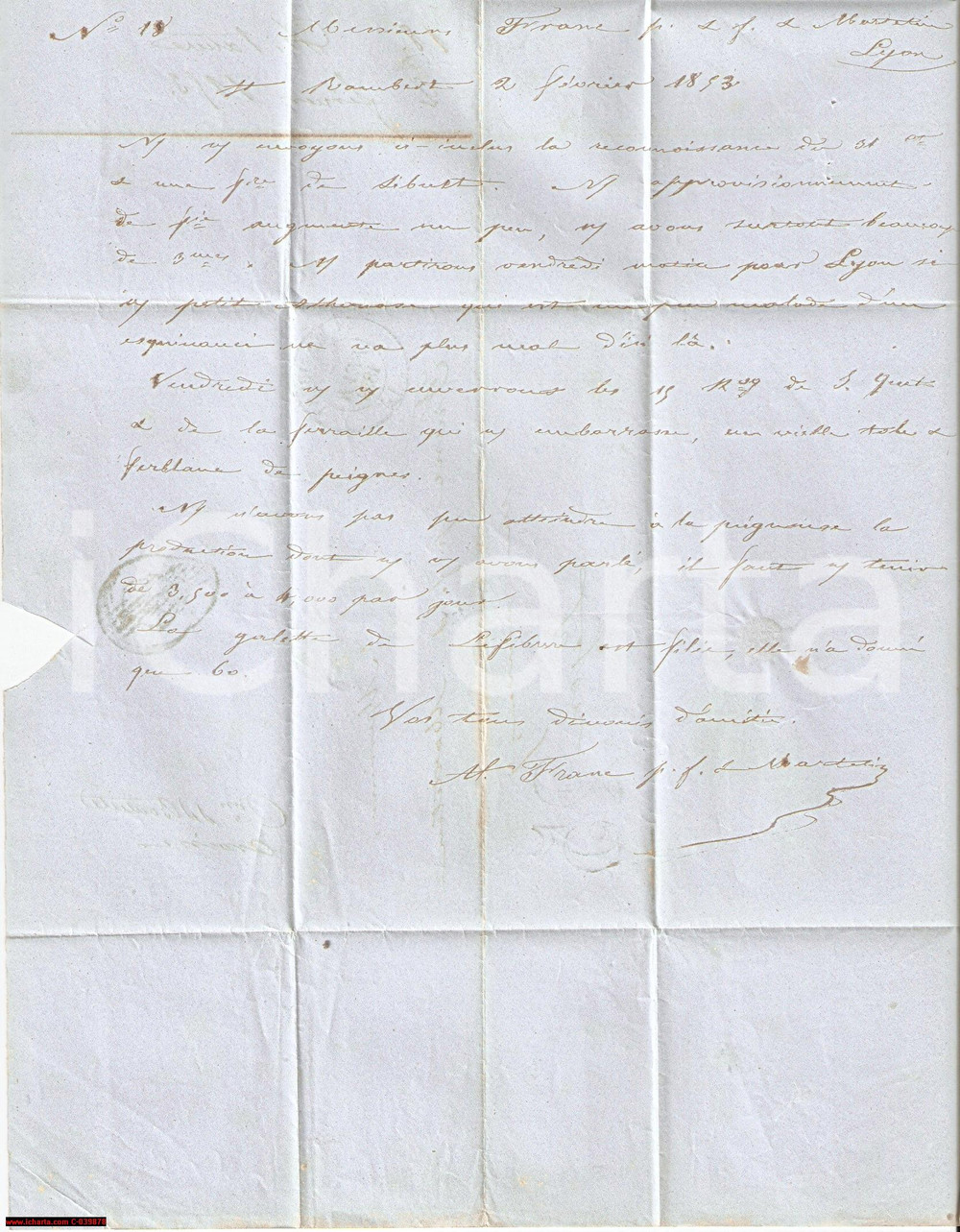 Manoscritto, lettera originale 1853 SAINTRAMBERTD ALBON Fr Merci FranÃ§ois MARTELIN 1