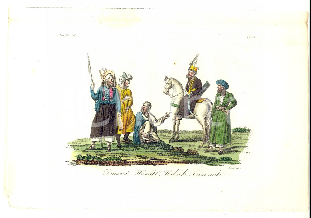 Stampa, bozzetto originale 1825 FERRARIO COSTUME ASIA Damani, Hindki, Usbecki, Eimmaki Incisione SASSO 1