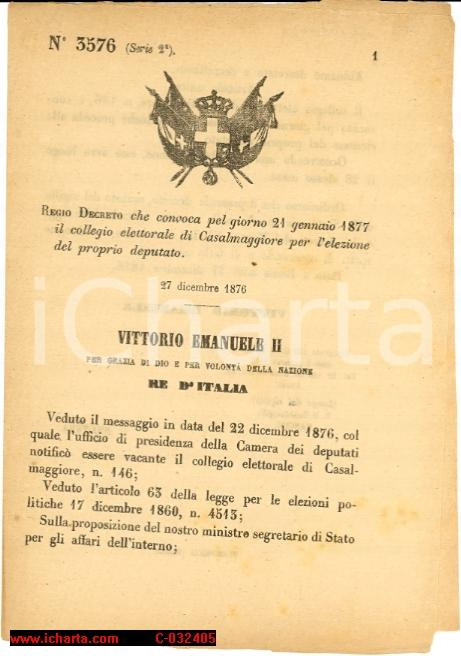 Documento originale, autentico 1877 CASALMAGGIORE Elezione del Deputato  decreto 1