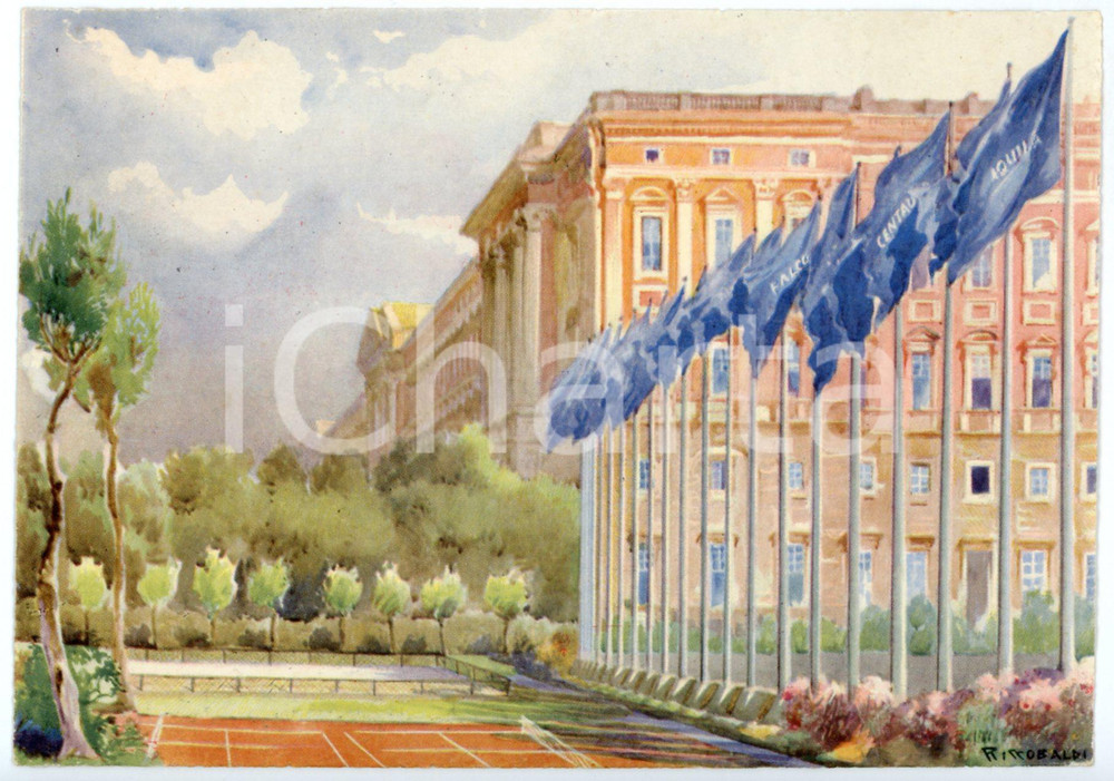1942 CASERTA R. Accademia Aeronautica Reggia da Piazzale delle Adunate CARTOLINA  Cartolina postale d'epoca, non viaggiata.Illustrazione di Riccobaldi.CONDIZIONI: POOR (abrasioni al verso)FORMATO: FG    originale e autentica 1