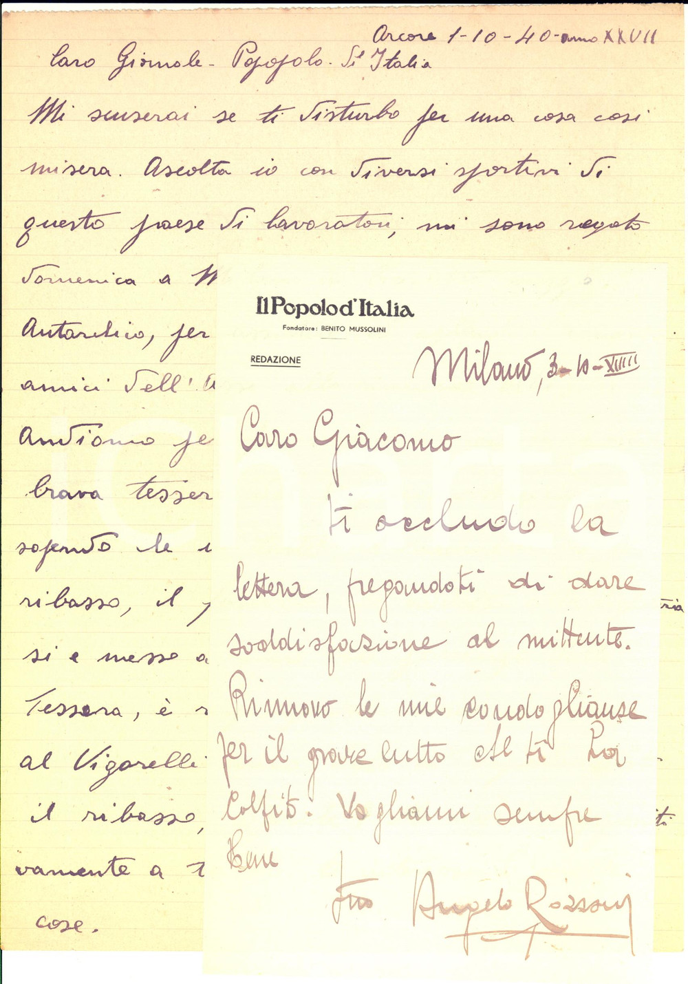 Autografo originale 1940 MILANO IL POPOLO D ITALIA Angelo ROZZONI per biglietti ciclismo  Autografo 1